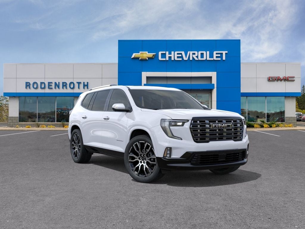 2026 GMC Acadia Denali Ultimate in Glacier White Tricoat — front three-quarter view